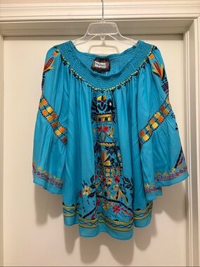 Vintage CollectionBright Turquoise Embroidered Boho Blouse